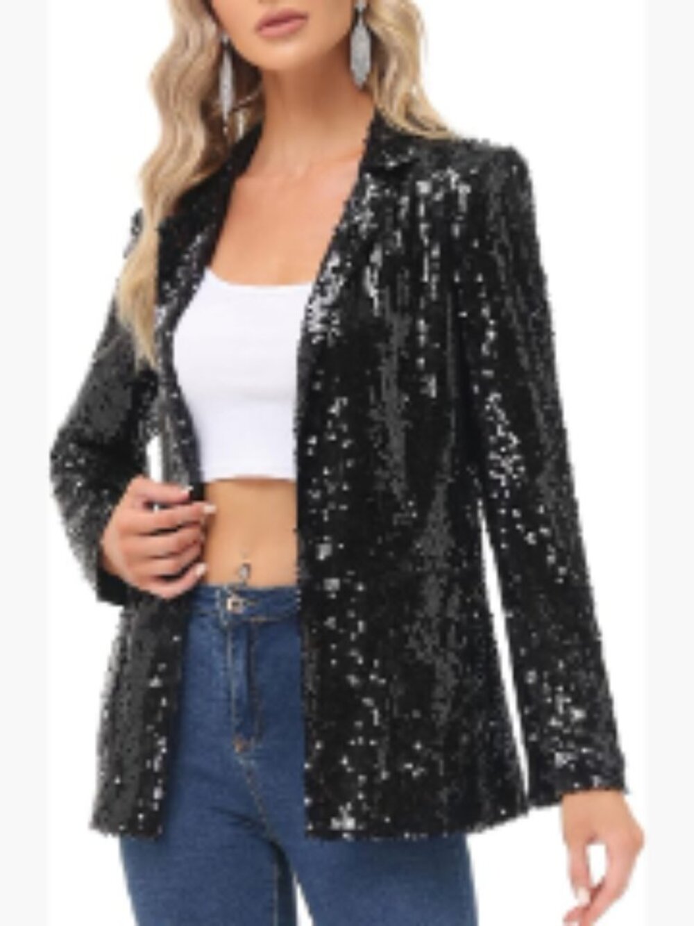 Sequin Blazer Jacket Open Front Long Sleeve Polyester Lined